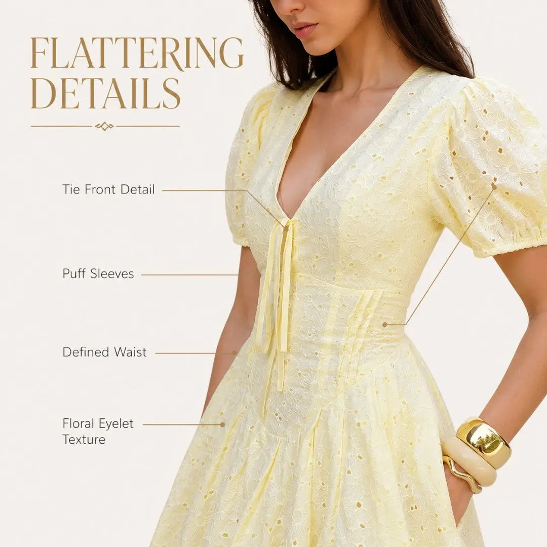 Yellow Eyelet Mini Dress | Puff Sleeve Dress | Tie Front Sundress | Feminine Summer Dress | Vacation Brunch Outfit Jumartins