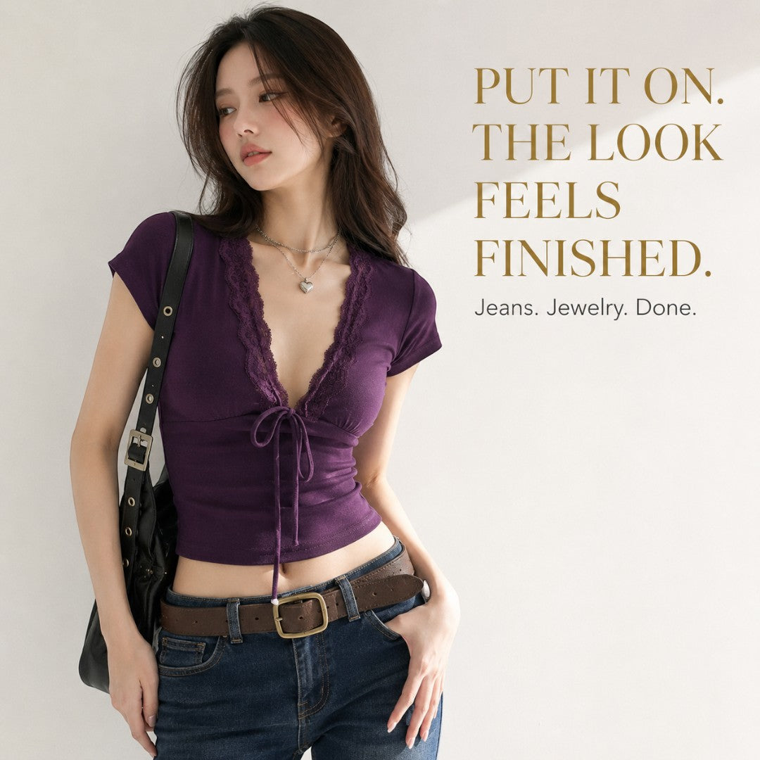 Lace Up Crop Top Women Deep V Neck Lace T Shirt Short Sleeve Fairycore Streetwear Feminine Casual Summer Top