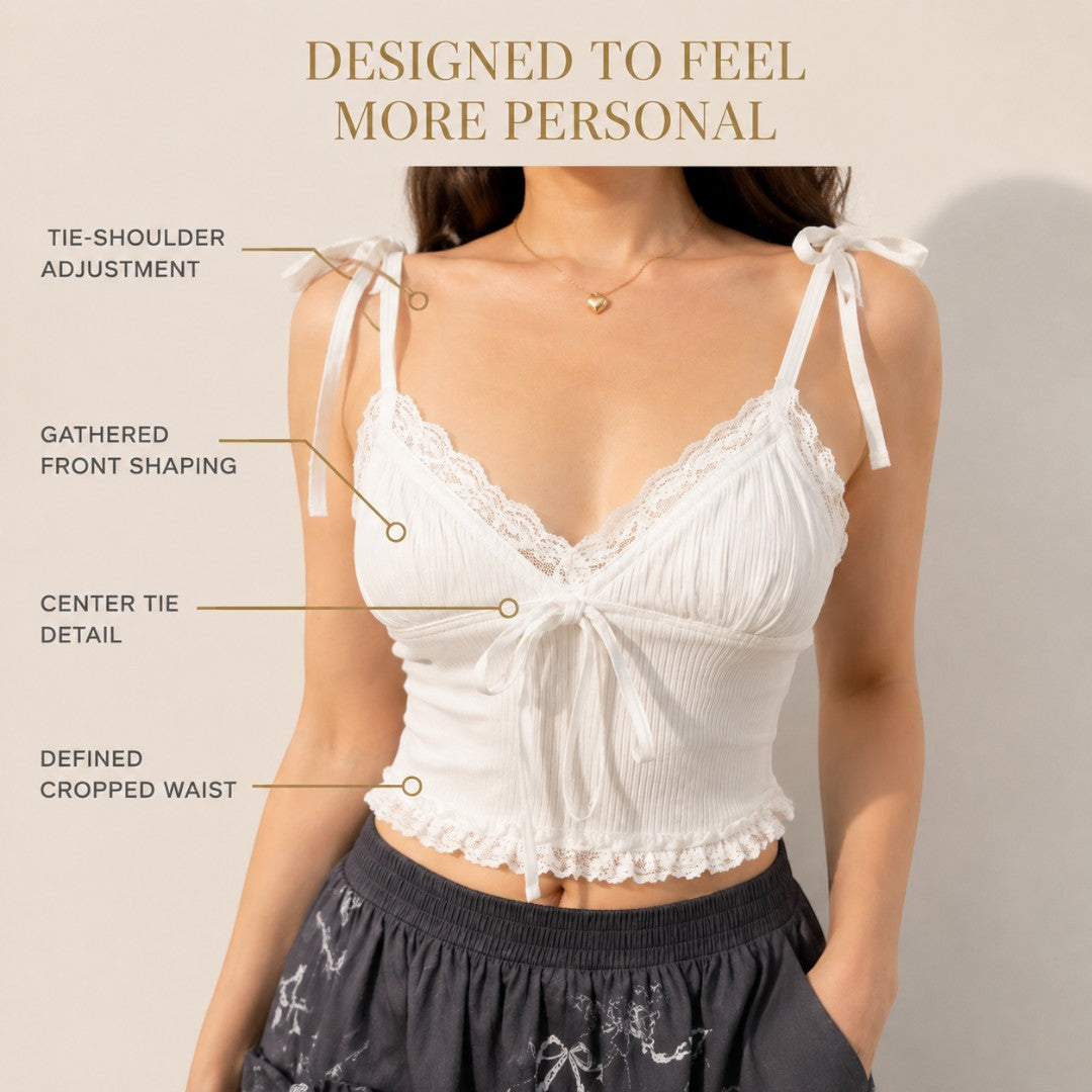White Lace Camisole Crop Top | Bow Strap Tie Front Cami | Coquette Summer Blouse | Romantic Vacation Outfit
