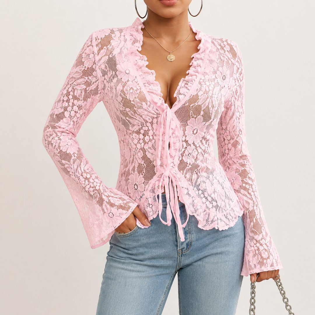 Floral Lace Long Sleeve Top, Tie Front Sheer Blouse, Feminine Ruffle Lace Cardigan, Romantic Layering Shirt, Elegant Going Out Top