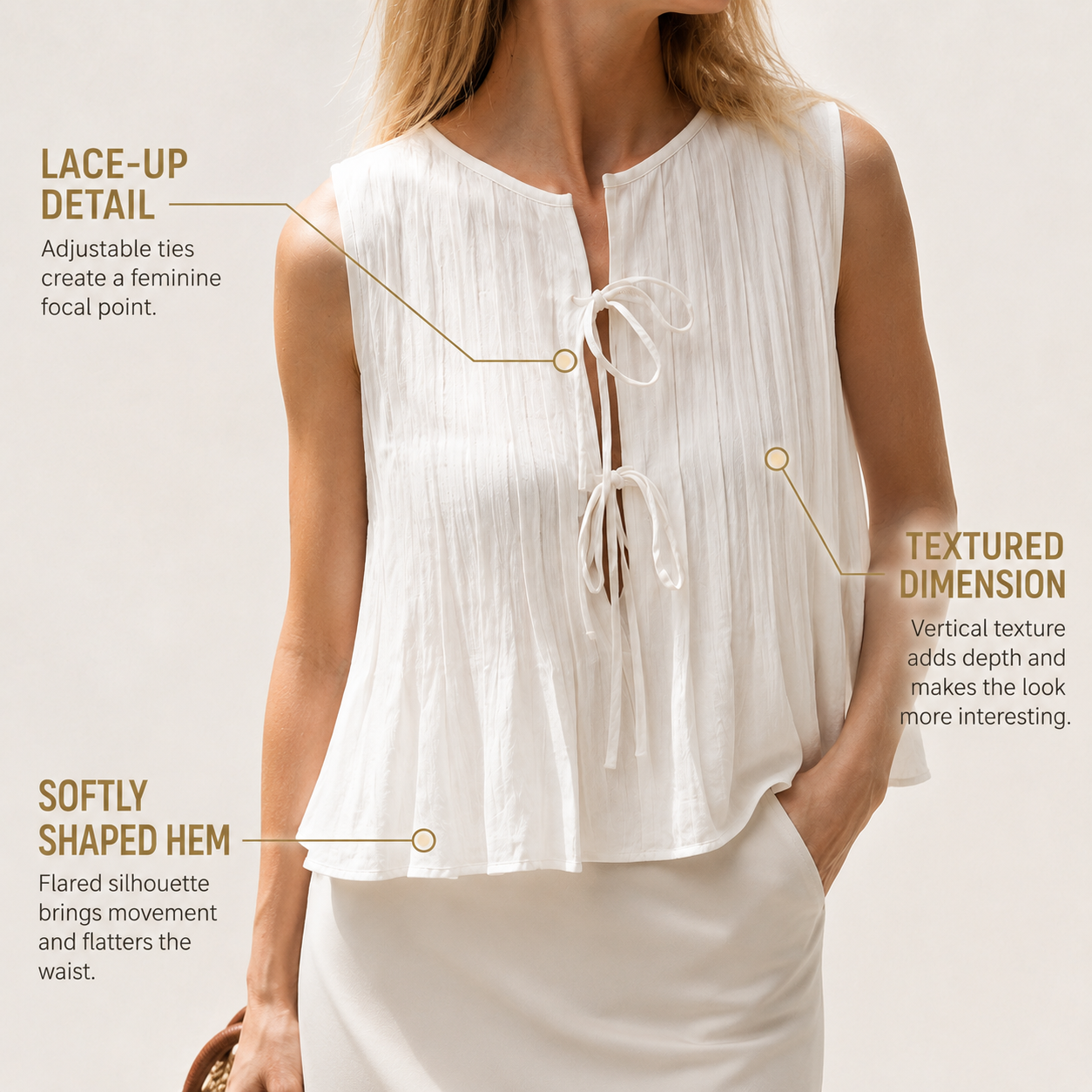 Women's Lace Up Tank Top | Sleeveless Hollow Cut Blouse | Slim Fit Summer Vest | Pleated Casual Going-Out Shirt