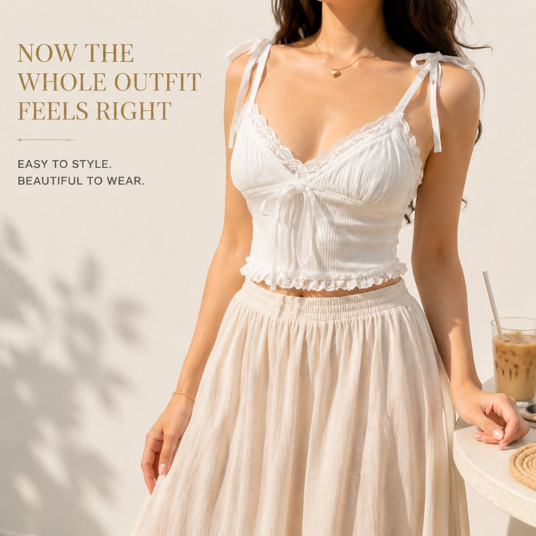 White Lace Camisole Crop Top | Bow Strap Tie Front Cami | Coquette Summer Blouse | Romantic Vacation Outfit