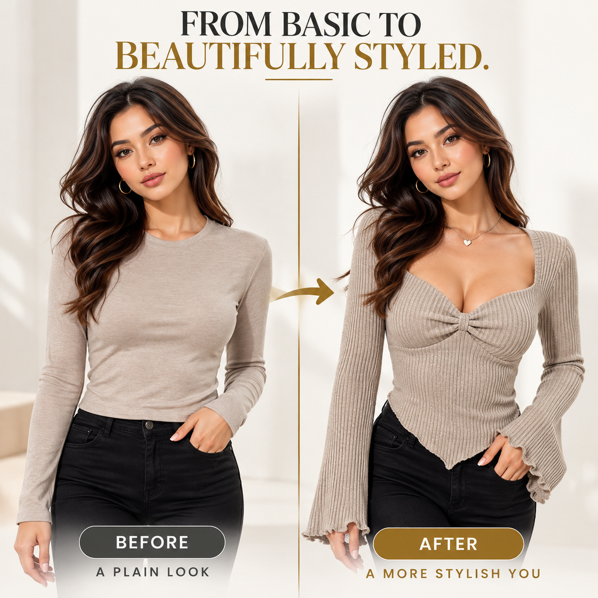Women's Square Neck Ribbed Knit Top, Bell Sleeve Long Sleeve Shirt, Ruched Bust Fitted Blouse, Romantic Date Night Outfit