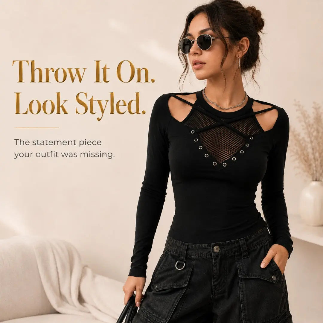 Gothic Mesh Long Sleeve Top | Black Cutout Shirt | Alt Fitted Blouse | Crisscross Strap Top | Going Out Outfit Jumartins