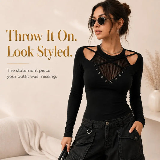 Gothic Mesh Long Sleeve Top | Black Cutout Shirt | Alt Fitted Blouse | Crisscross Strap Top | Going Out Outfit Jumartins