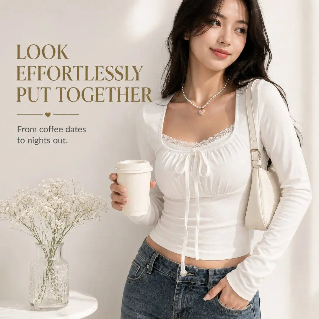Fairycore Square Neck Crop Top Long Sleeve Women Knit Tee Coquette Bow Front Fitted Y2K Soft Girl Casual Blouse Jumartins