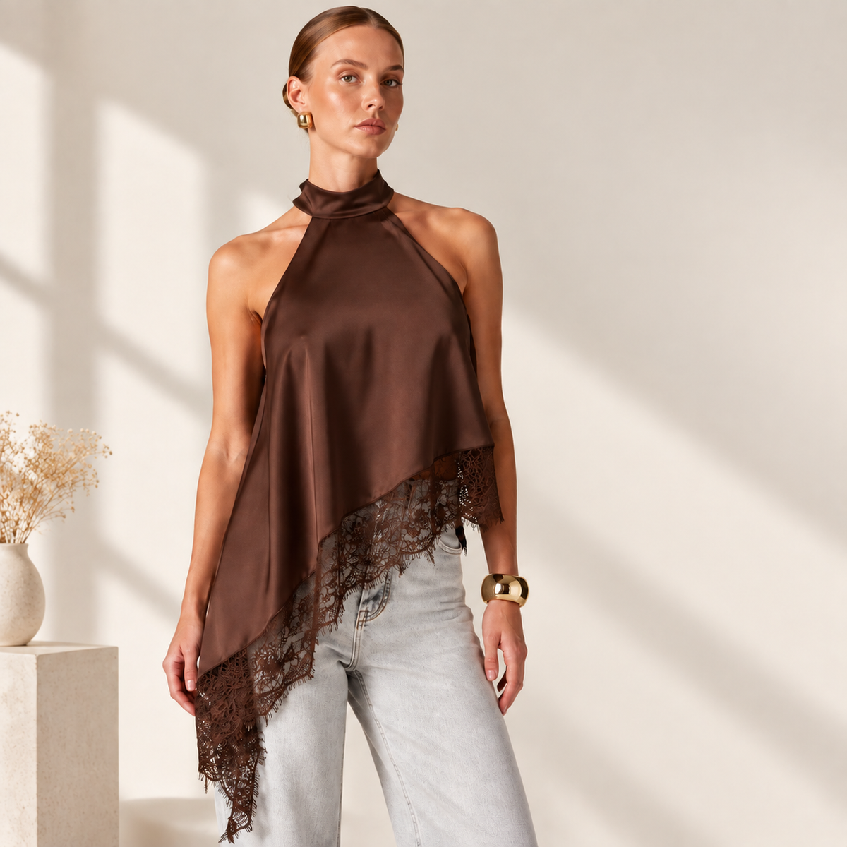 Asymmetrical High Neck Halter Top | Backless Women Fashion Shirt | Elegant Statement Blouse | Modern Evening Outfit
