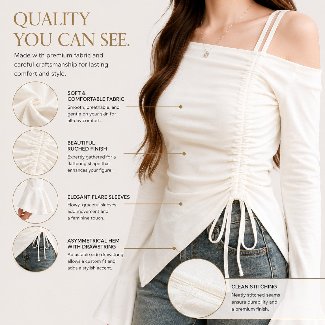 Women's Off Shoulder Drawstring Top Long Sleeve Flare Sleeve Tee | Ruched Waist Slim Fit Blouse | Elegant Date Night Shirt