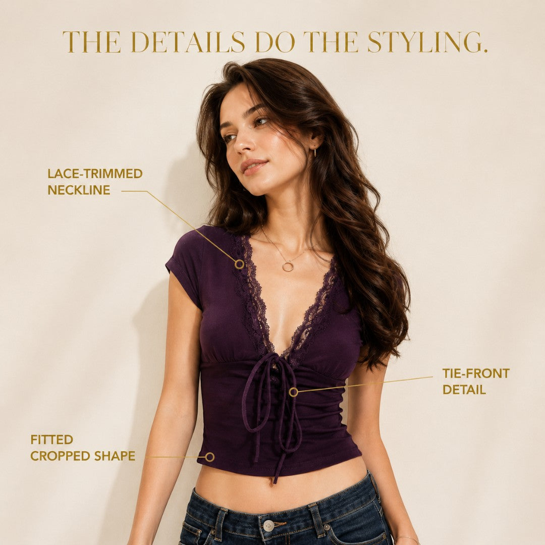 Lace Up Crop Top Women Deep V Neck Lace T Shirt Short Sleeve Fairycore Streetwear Feminine Casual Summer Top