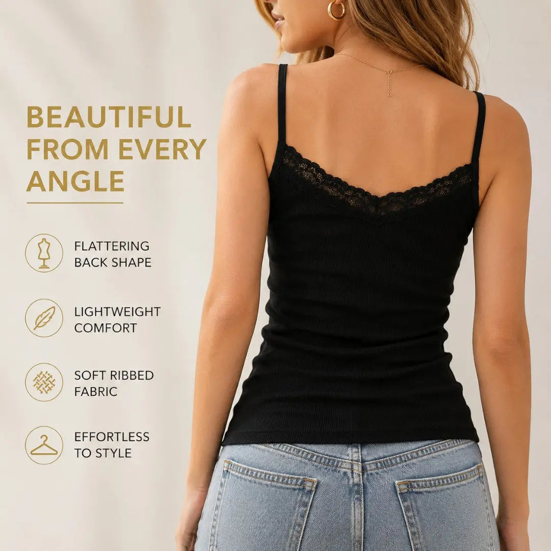 Lace Trim Ribbed Tank Top Women Square Neck Camisole Slim Fit Cami Strap Knit Basic Layering Top Fairycore Y2K Style Jumartins