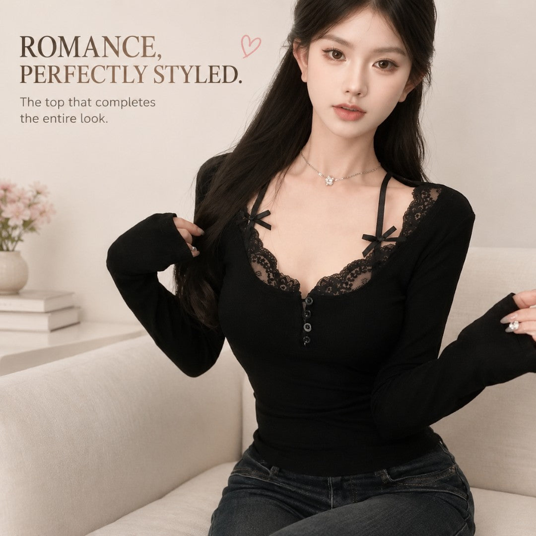 Women’s Lace Trim V Neck Top | Coquette Long Sleeve Shirt | Ribbon Detail Slim Fit Tee | Romantic Button Front Blouse