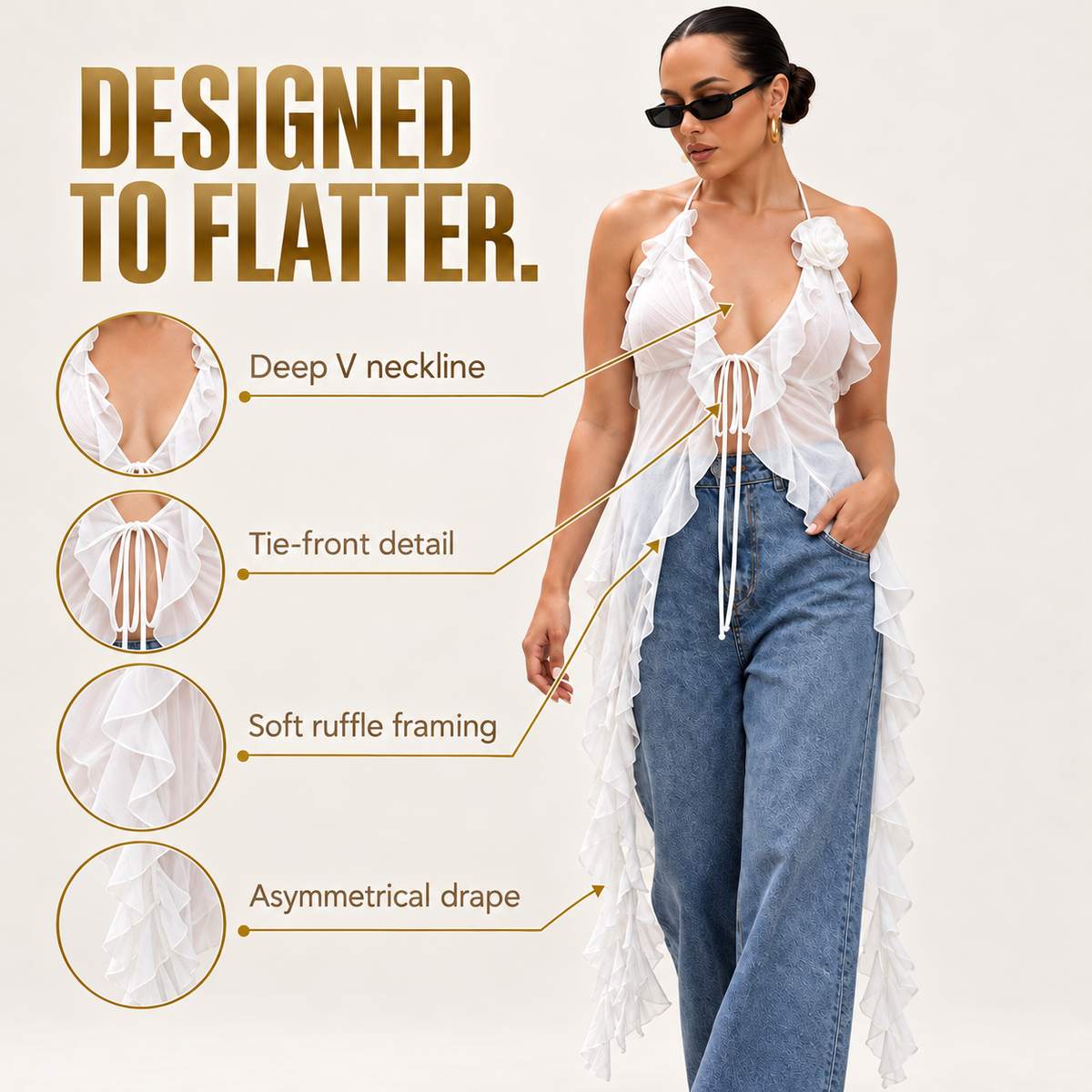 Ruffle Flower Halter Mesh Camisole for Women Deep V Neck Backless Tie Front Asymmetrical Summer Going Out Top