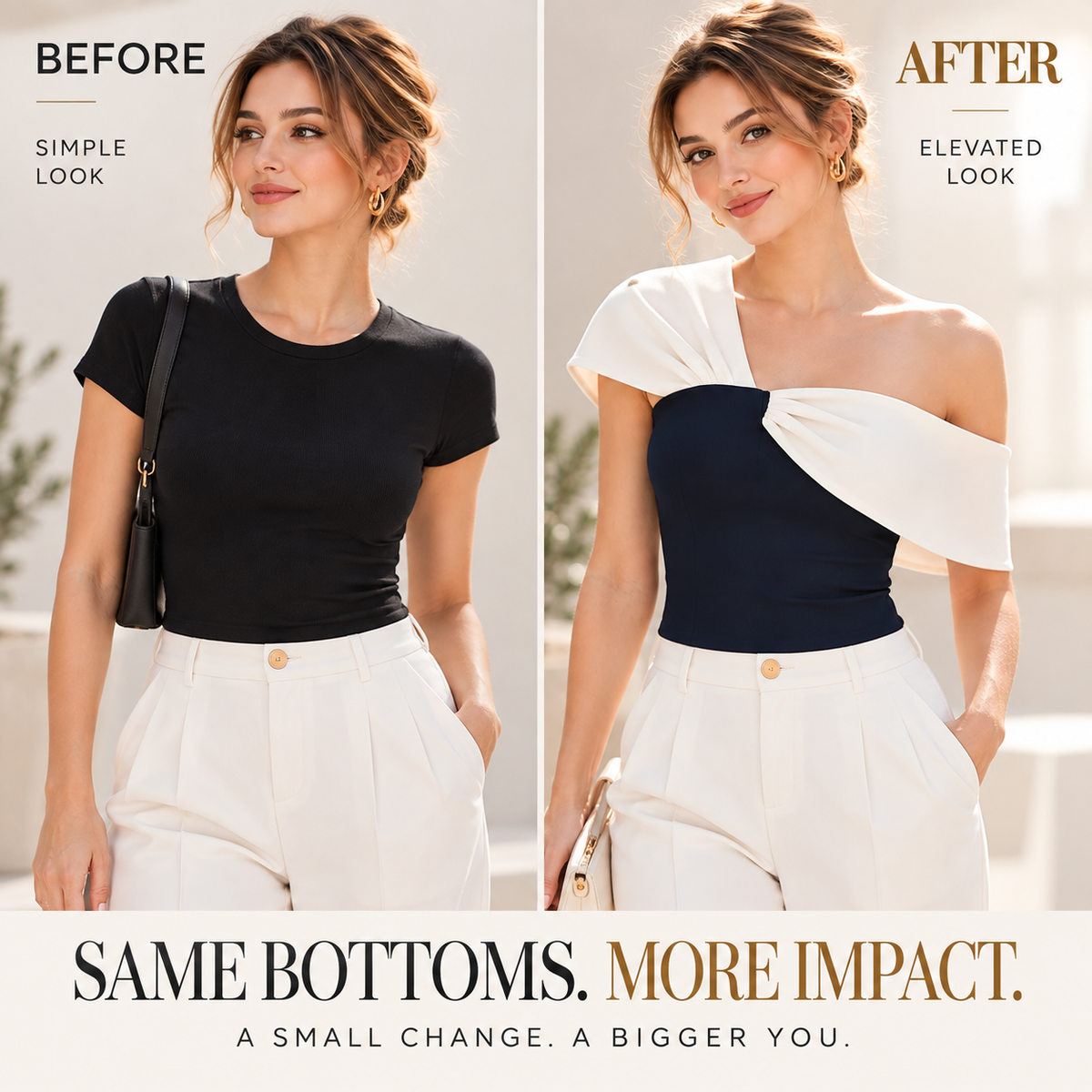 One Shoulder Color Block Crop Blouse | Navy White Twisted Top | Slim Fit Asymmetric Shirt | Elegant Date Night Top