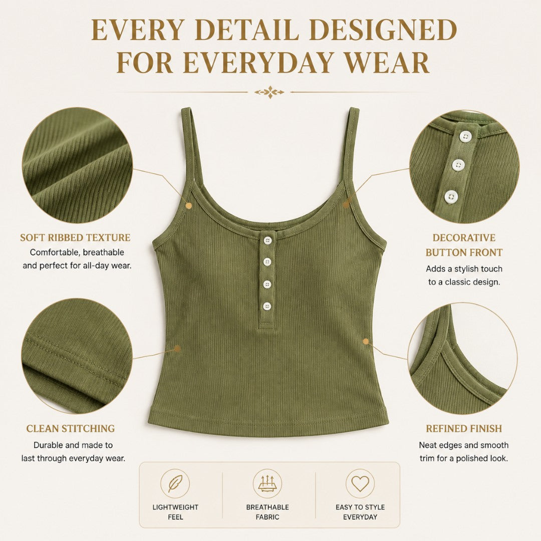Women's Ribbed Button Front Camisole Crop Top | Fitted Summer Tank Top Sleeveless Everyday Layering Cami Casual Outfit