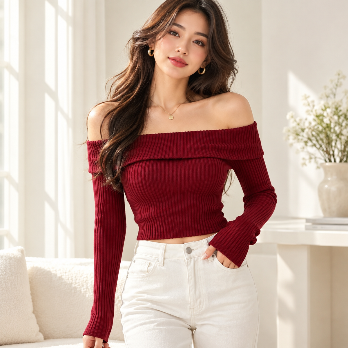 Women Off Shoulder Ribbed Knit Crop Top, Foldover Neckline, Long Sleeve Fitted Blouse