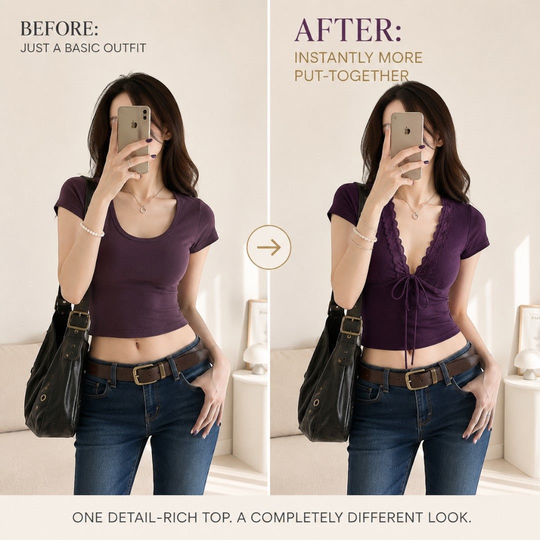 Lace Up Crop Top Women Deep V Neck Lace T Shirt Short Sleeve Fairycore Streetwear Feminine Casual Summer Top
