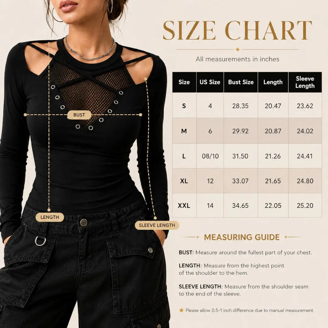 Gothic Mesh Long Sleeve Top | Black Cutout Shirt | Alt Fitted Blouse | Crisscross Strap Top | Going Out Outfit Jumartins