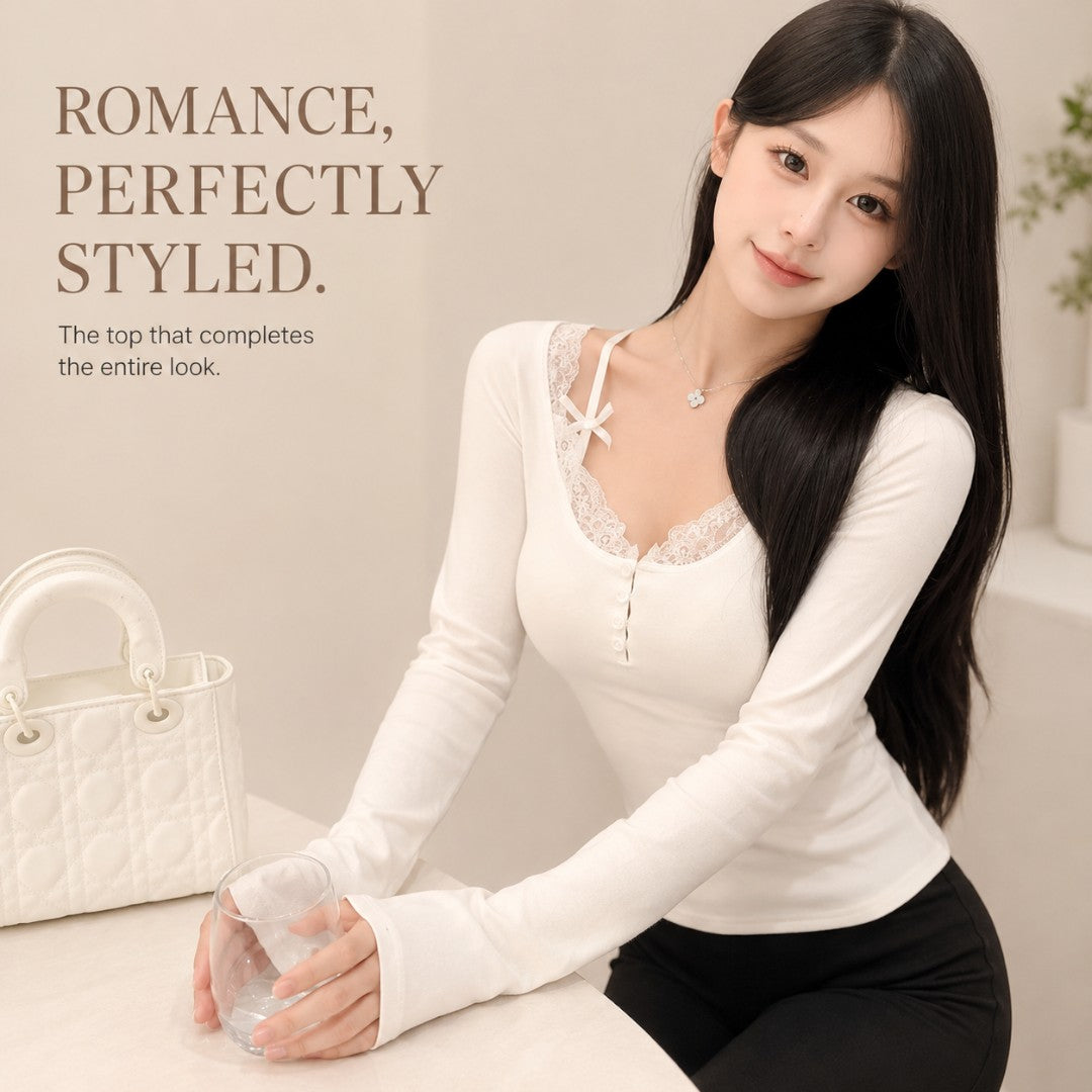 Women’s Lace Trim V Neck Top | Coquette Long Sleeve Shirt | Ribbon Detail Slim Fit Tee | Romantic Button Front Blouse