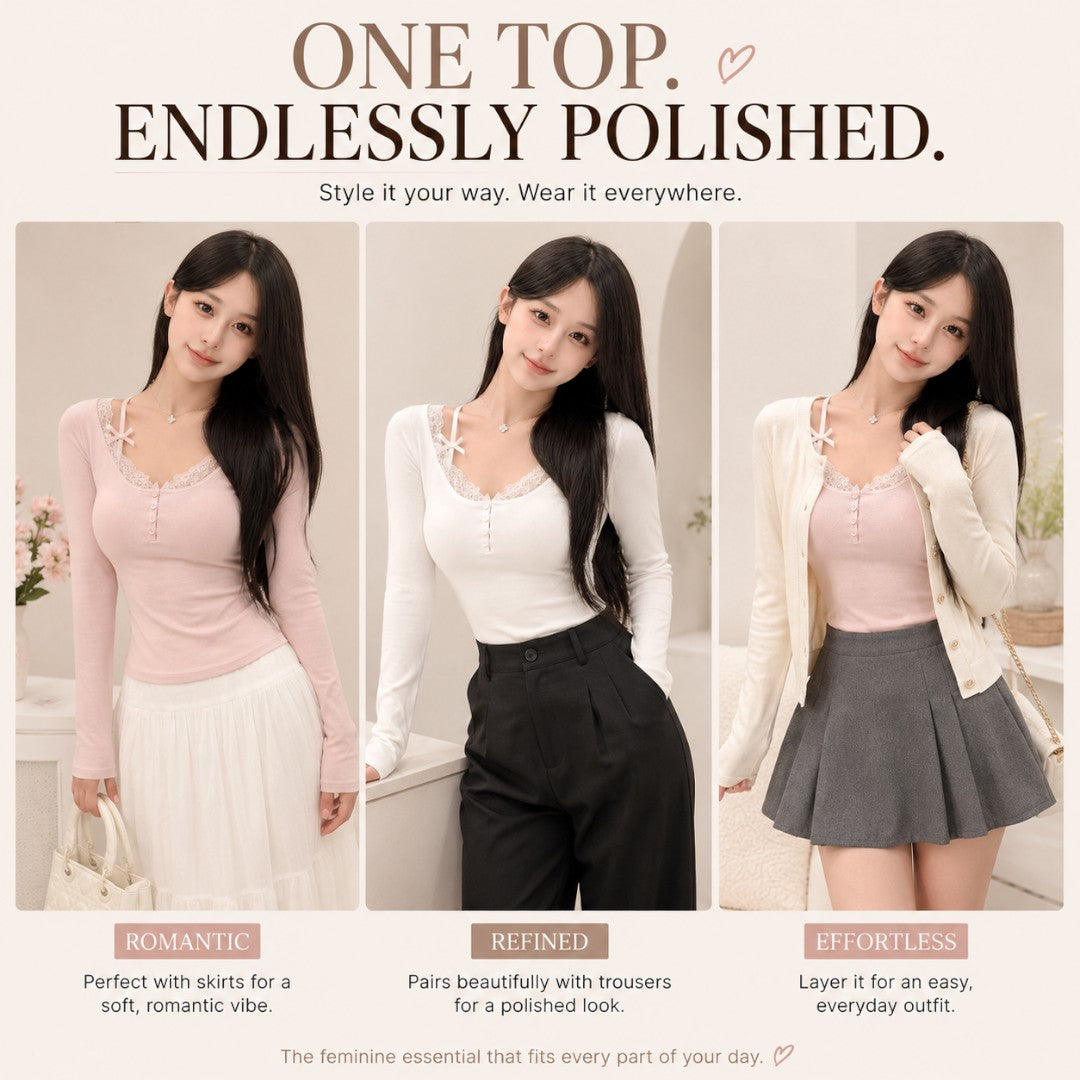 Women’s Lace Trim V Neck Top | Coquette Long Sleeve Shirt | Ribbon Detail Slim Fit Tee | Romantic Button Front Blouse