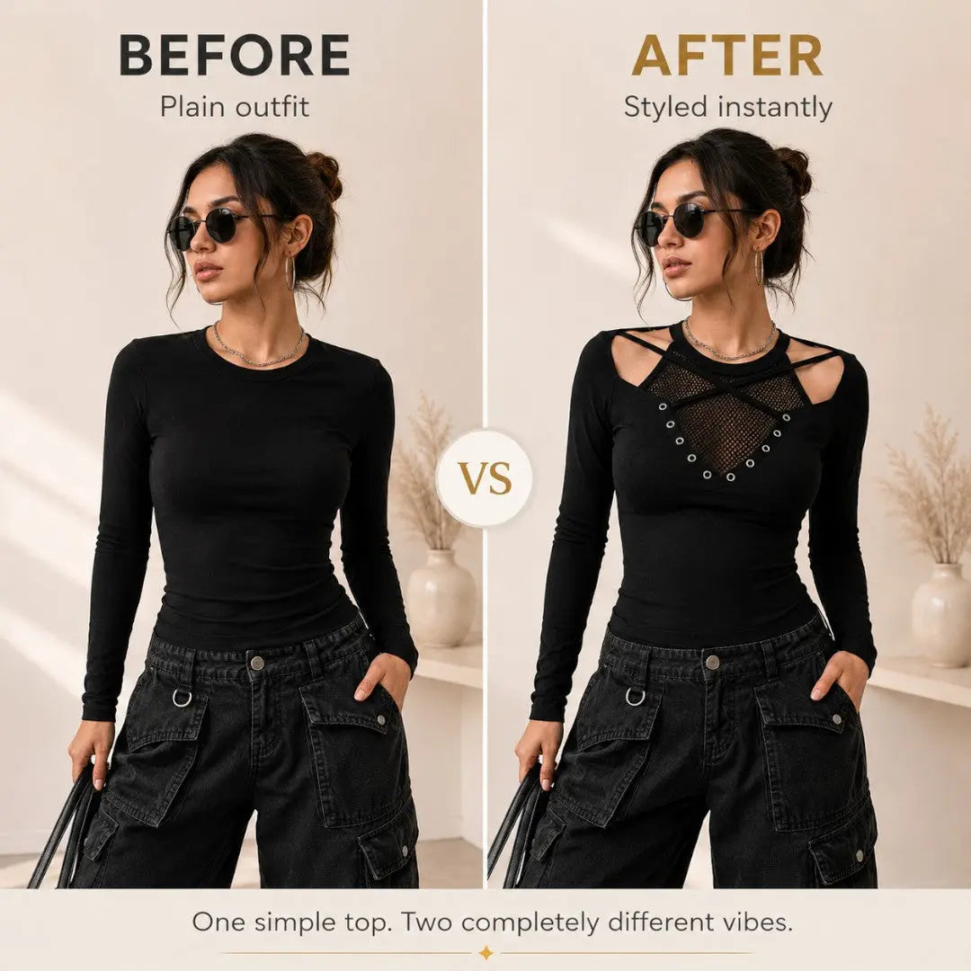 Gothic Mesh Long Sleeve Top | Black Cutout Shirt | Alt Fitted Blouse | Crisscross Strap Top | Going Out Outfit Jumartins