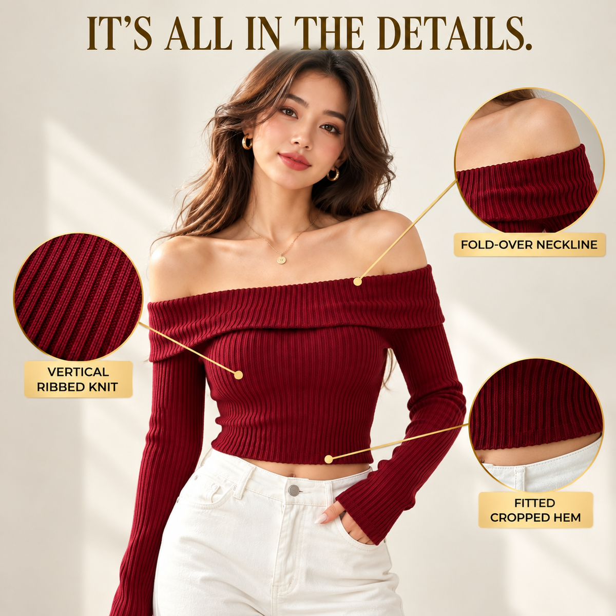 Women Off Shoulder Ribbed Knit Crop Top, Foldover Neckline, Long Sleeve Fitted Blouse