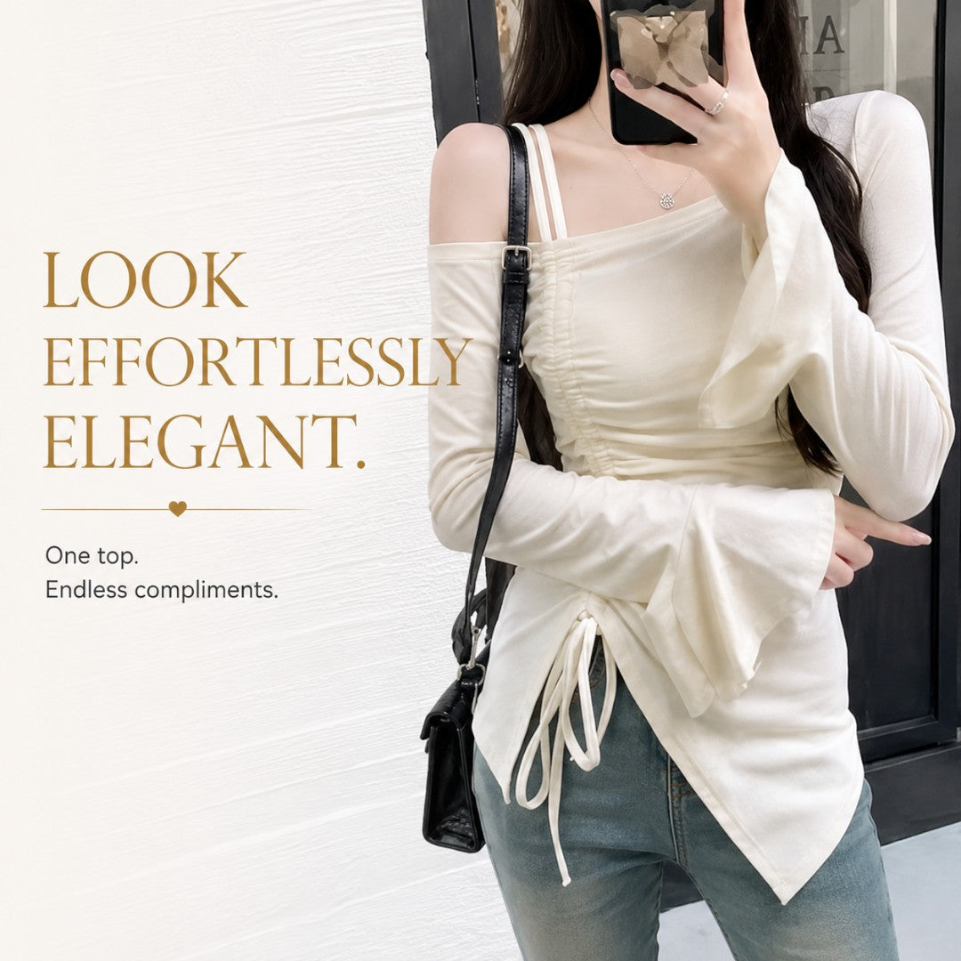 Women's Off Shoulder Drawstring Top Long Sleeve Flare Sleeve Tee | Ruched Waist Slim Fit Blouse | Elegant Date Night Shirt