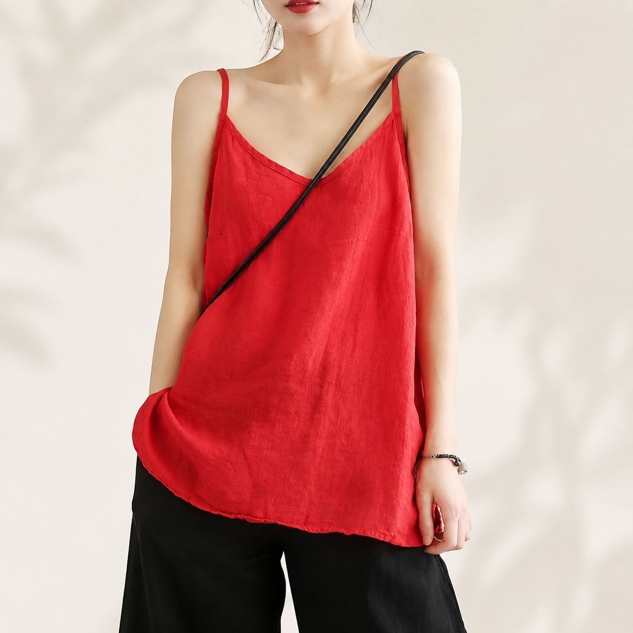 Cotton Linen Spaghetti Strap Top | Loose V Neck Camisole | Sleeveless Summer Tank | Relaxed Casual Layering Top