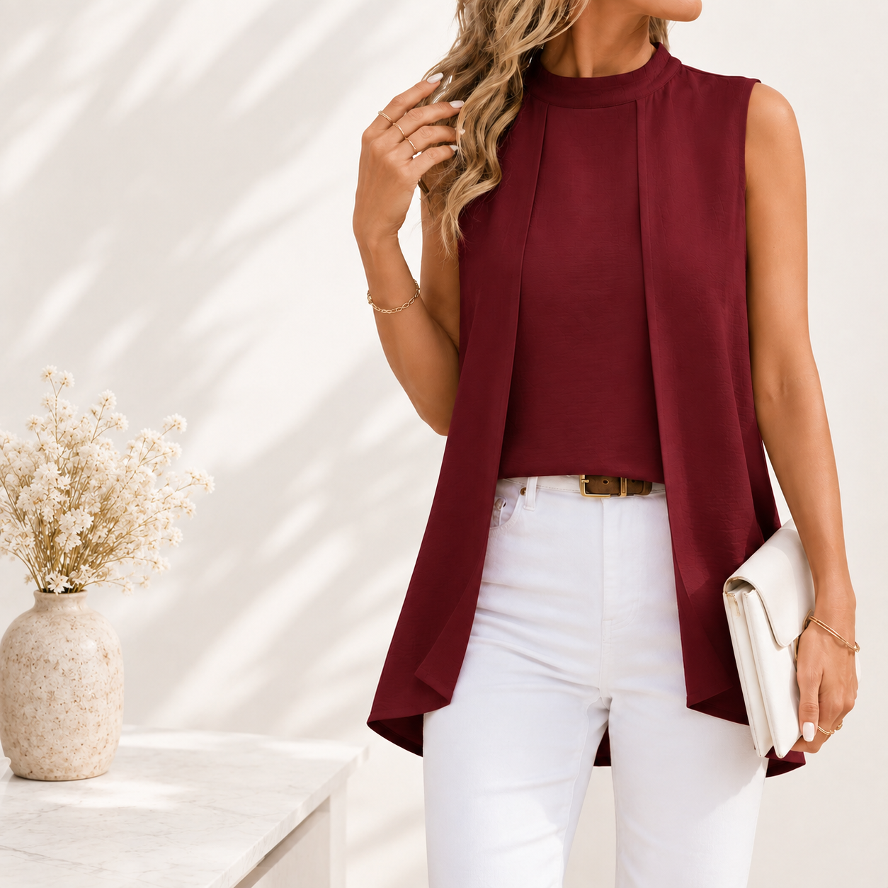 Women’s Sleeveless Layered Blouse | O Neck Split Front Shirt | Elegant Summer Top | Loose Draped Workwear Blouse