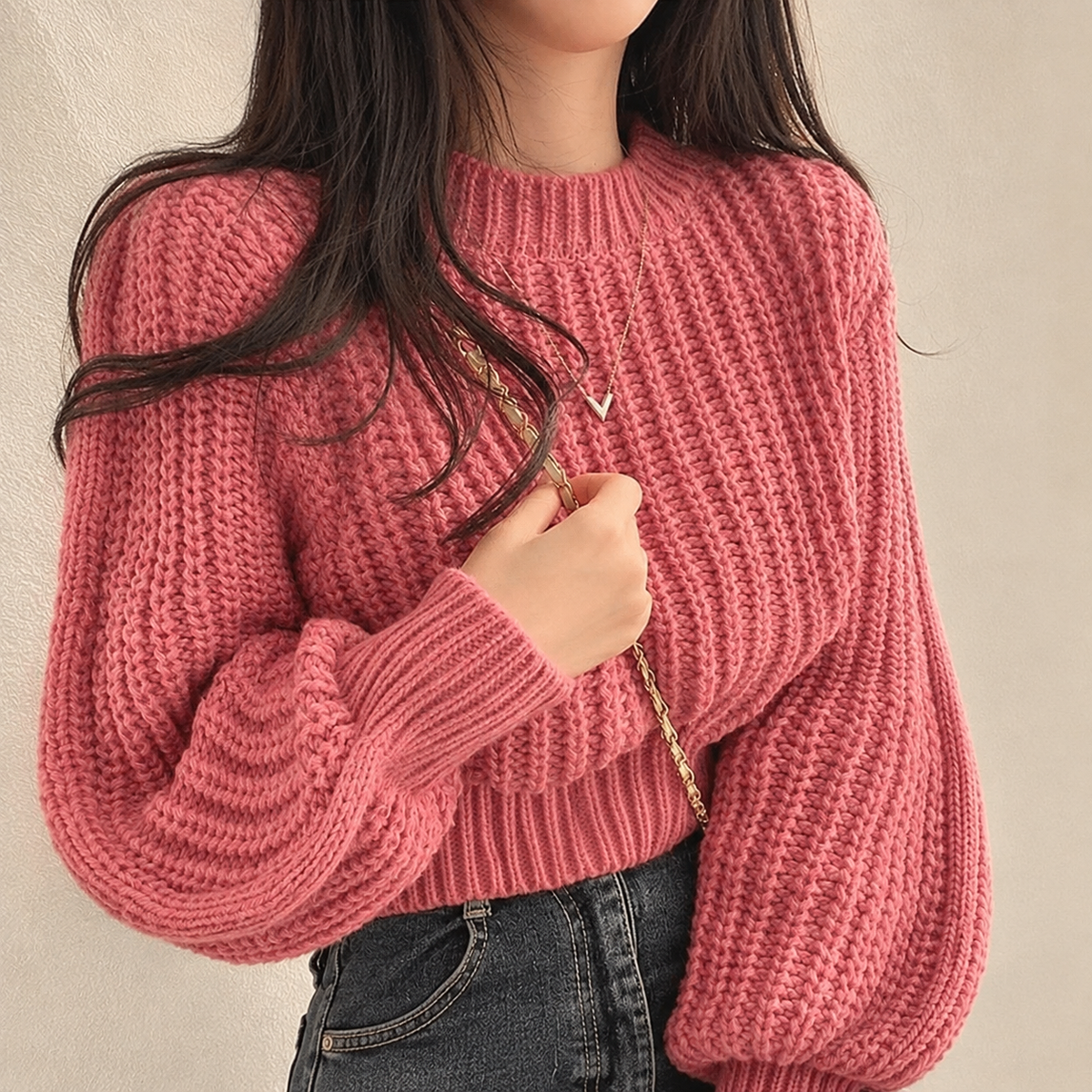 Chunky Knit Cropped Sweater | Womens Lantern Sleeve Pullover Cozy Textured Casual Fall Top