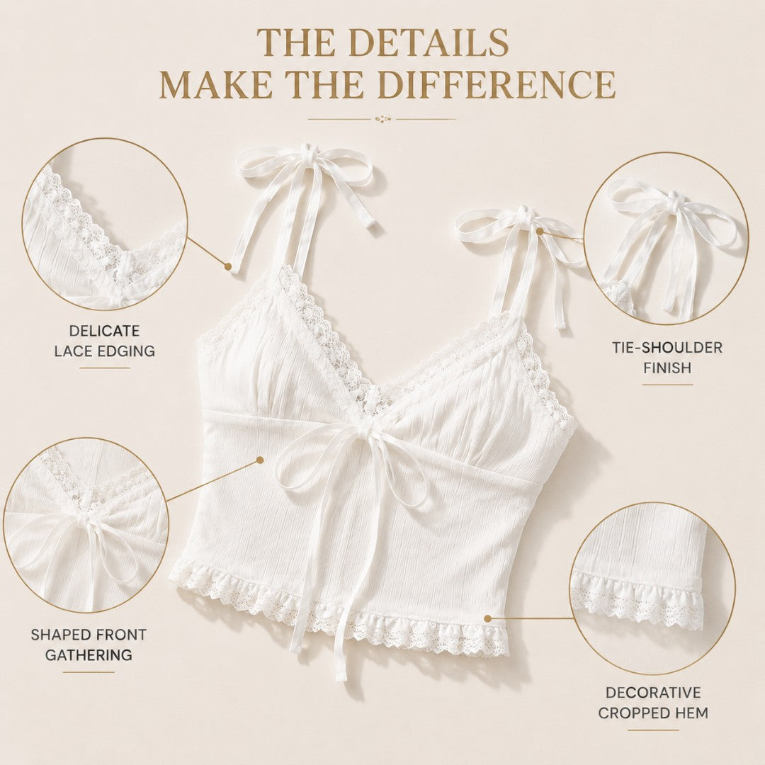 White Lace Camisole Crop Top | Bow Strap Tie Front Cami | Coquette Summer Blouse | Romantic Vacation Outfit