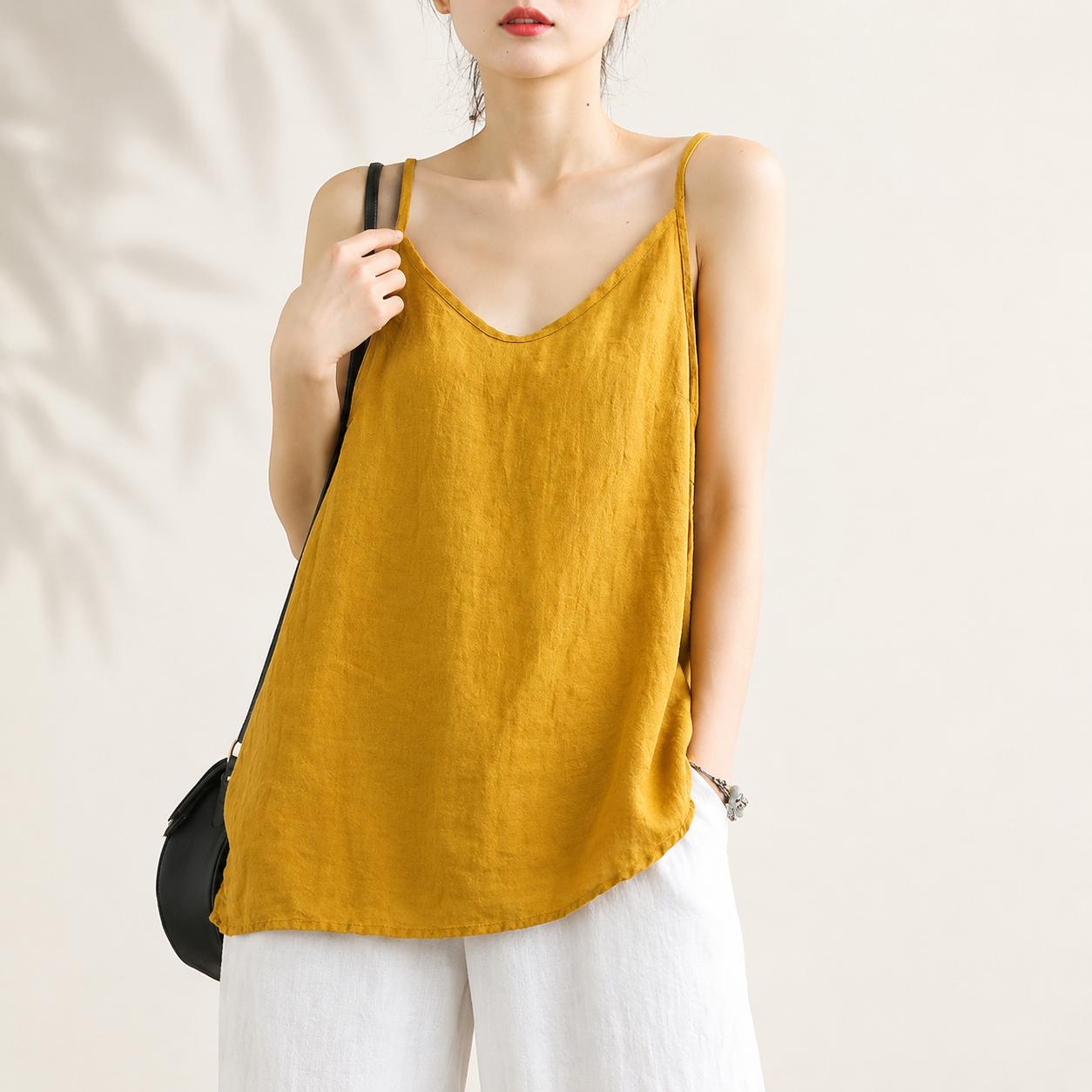 Cotton Linen Spaghetti Strap Top | Loose V Neck Camisole | Sleeveless Summer Tank | Relaxed Casual Layering Top