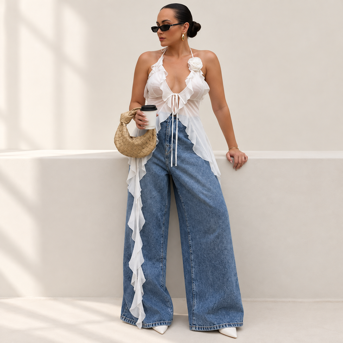 Ruffle Flower Halter Mesh Camisole for Women Deep V Neck Backless Tie Front Asymmetrical Summer Going Out Top