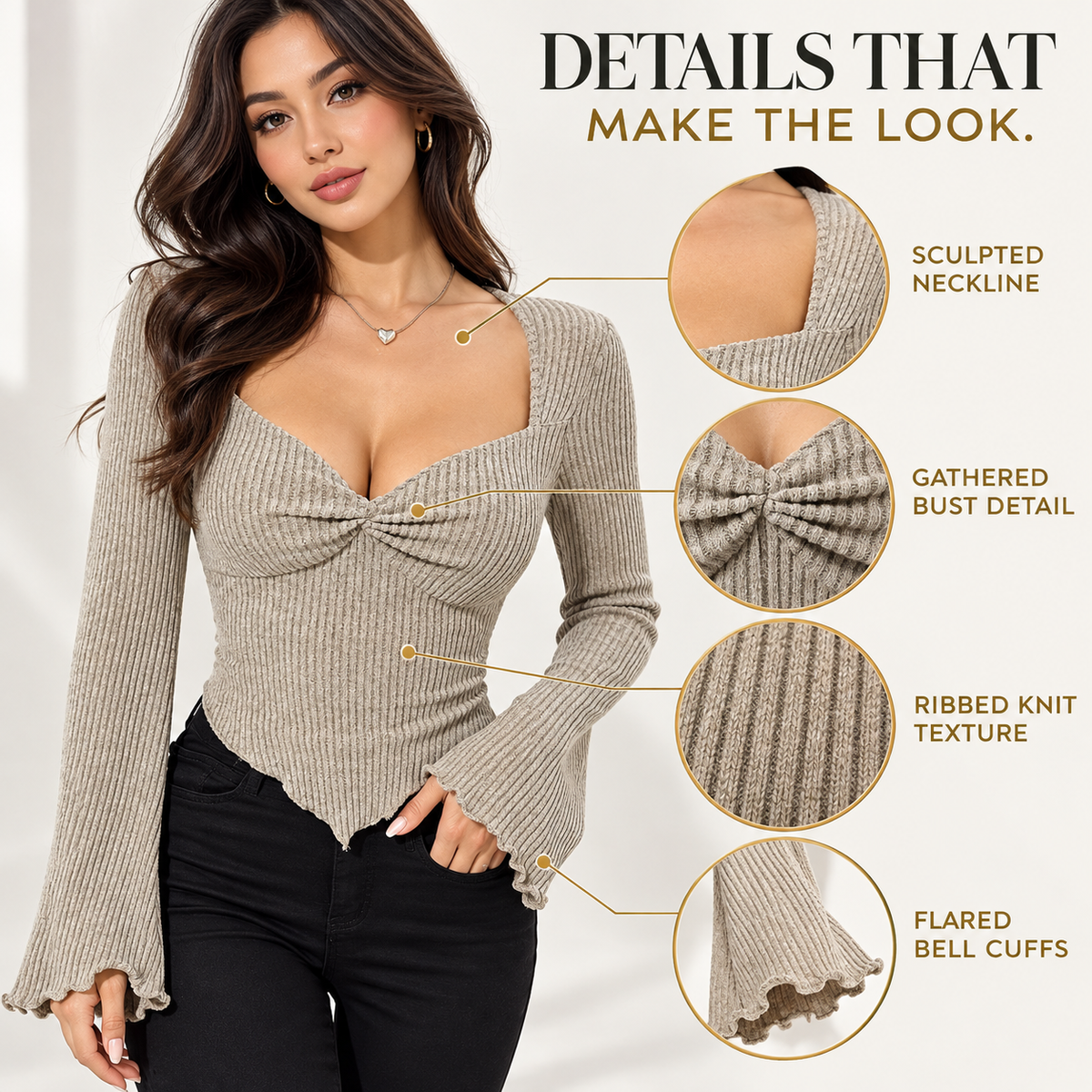 Women's Square Neck Ribbed Knit Top, Bell Sleeve Long Sleeve Shirt, Ruched Bust Fitted Blouse, Romantic Date Night Outfit