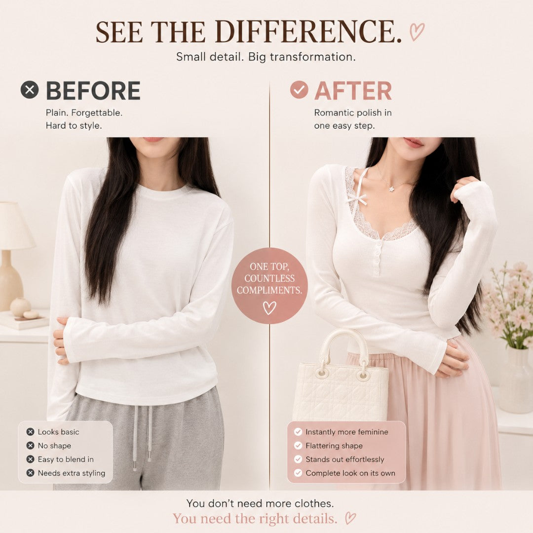 Women’s Lace Trim V Neck Top | Coquette Long Sleeve Shirt | Ribbon Detail Slim Fit Tee | Romantic Button Front Blouse