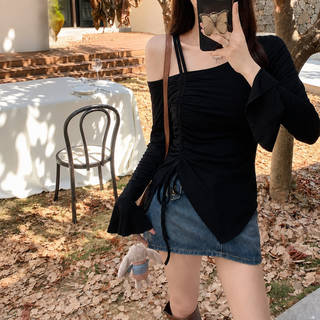 Women's Off Shoulder Drawstring Top Long Sleeve Flare Sleeve Tee | Ruched Waist Slim Fit Blouse | Elegant Date Night Shirt