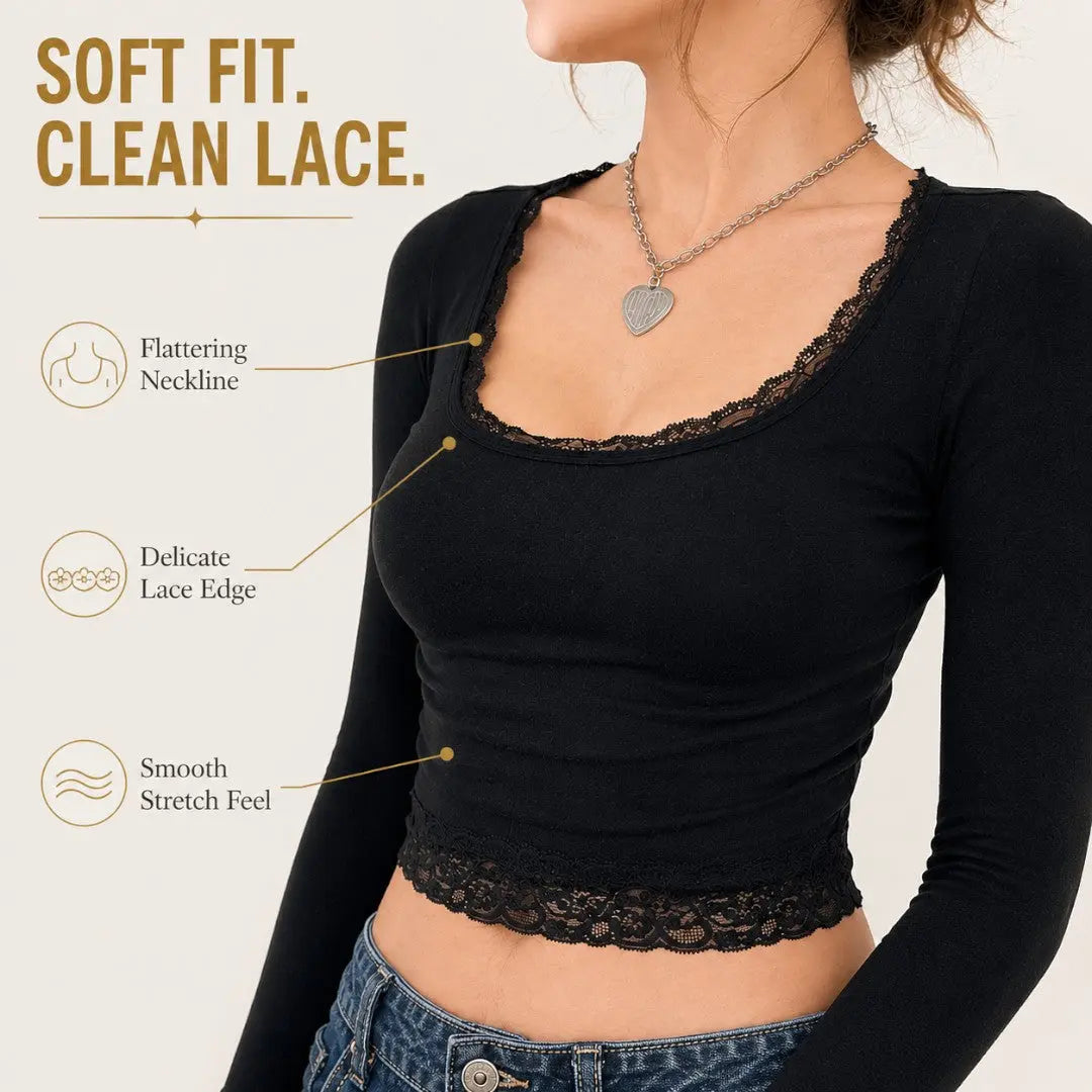 Lace Trim Square Neck Long Sleeve Crop Top | Slim Fit Everyday Shirt | Soft Stretch Casual Going Out Top | Feminine Layering Tee Jumartins