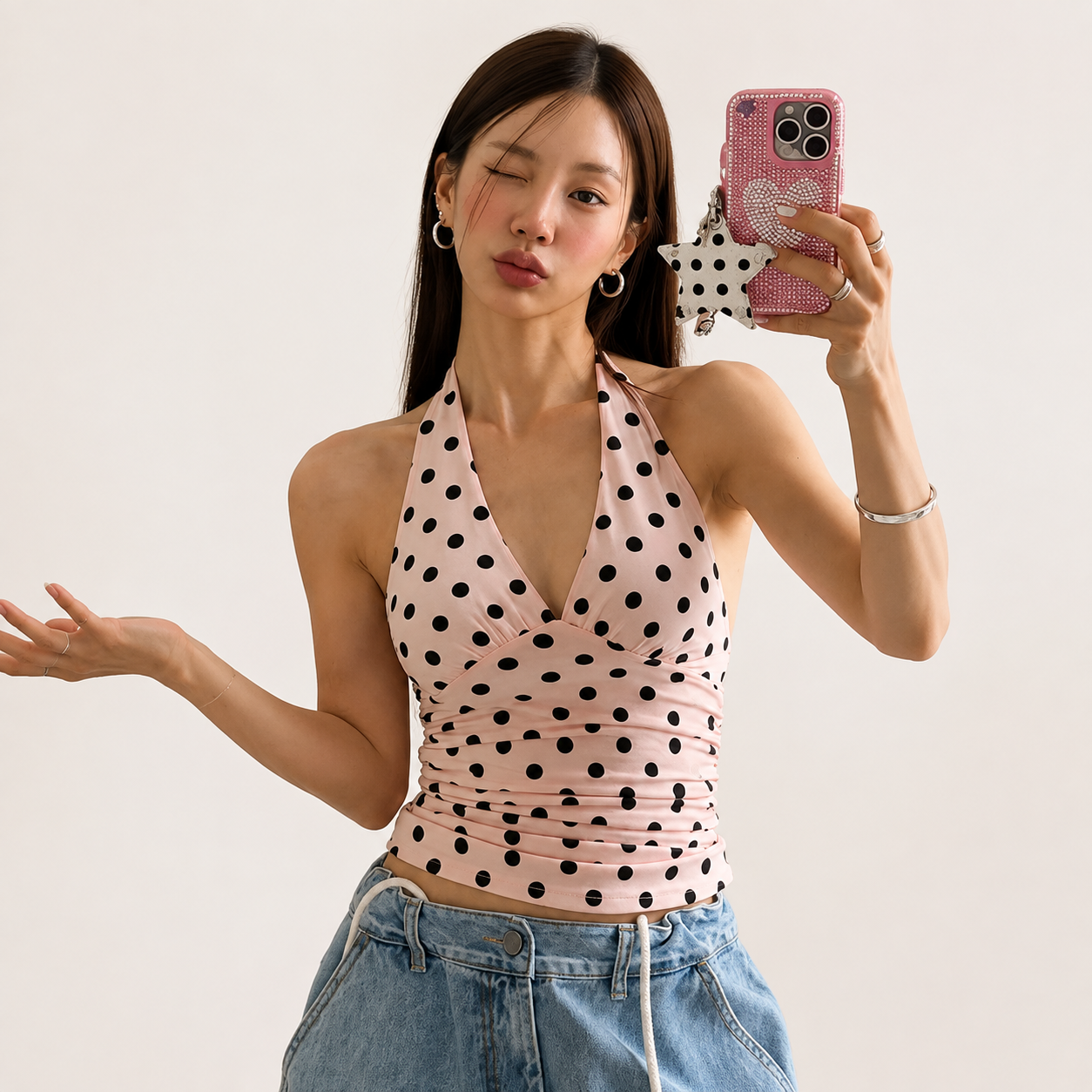 Polka Dot Halter Top Women V Neck Lace Up Backless Tank Top Y2K Summer Streetwear Fitted Vest Cute Casual Outfit