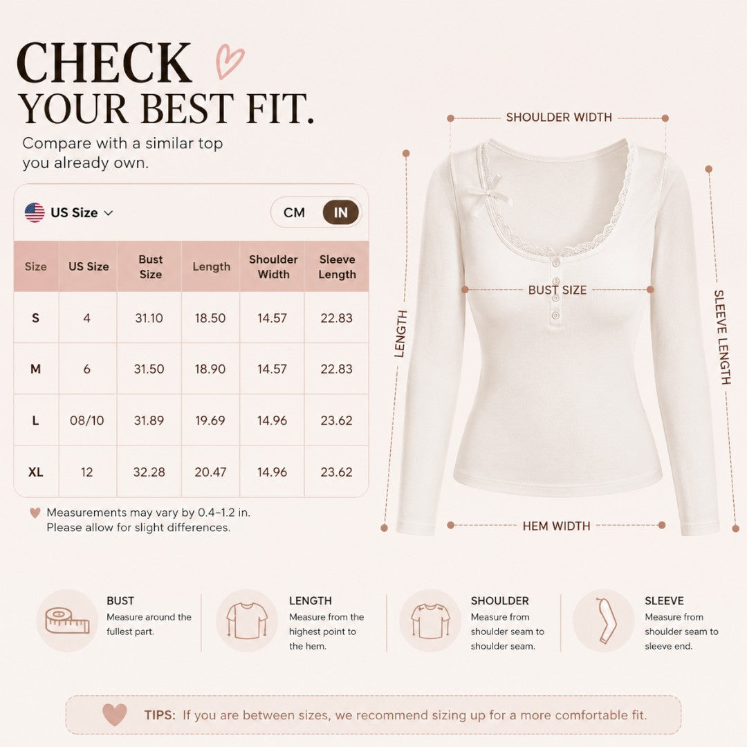 Women’s Lace Trim V Neck Top | Coquette Long Sleeve Shirt | Ribbon Detail Slim Fit Tee | Romantic Button Front Blouse