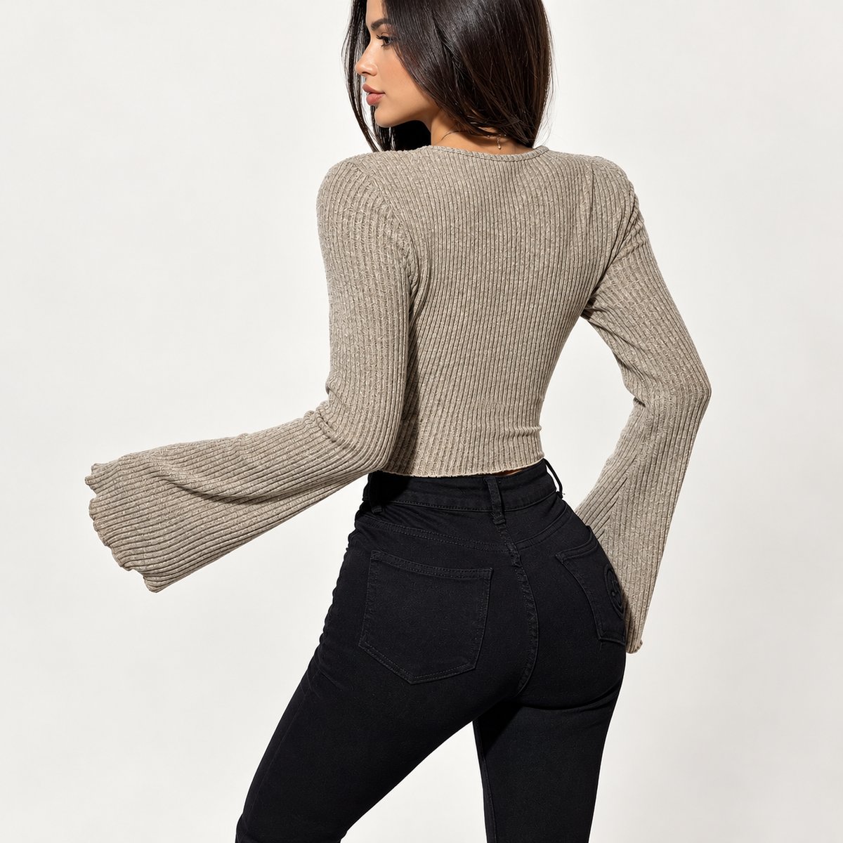 Women's Square Neck Ribbed Knit Top, Bell Sleeve Long Sleeve Shirt, Ruched Bust Fitted Blouse, Romantic Date Night Outfit