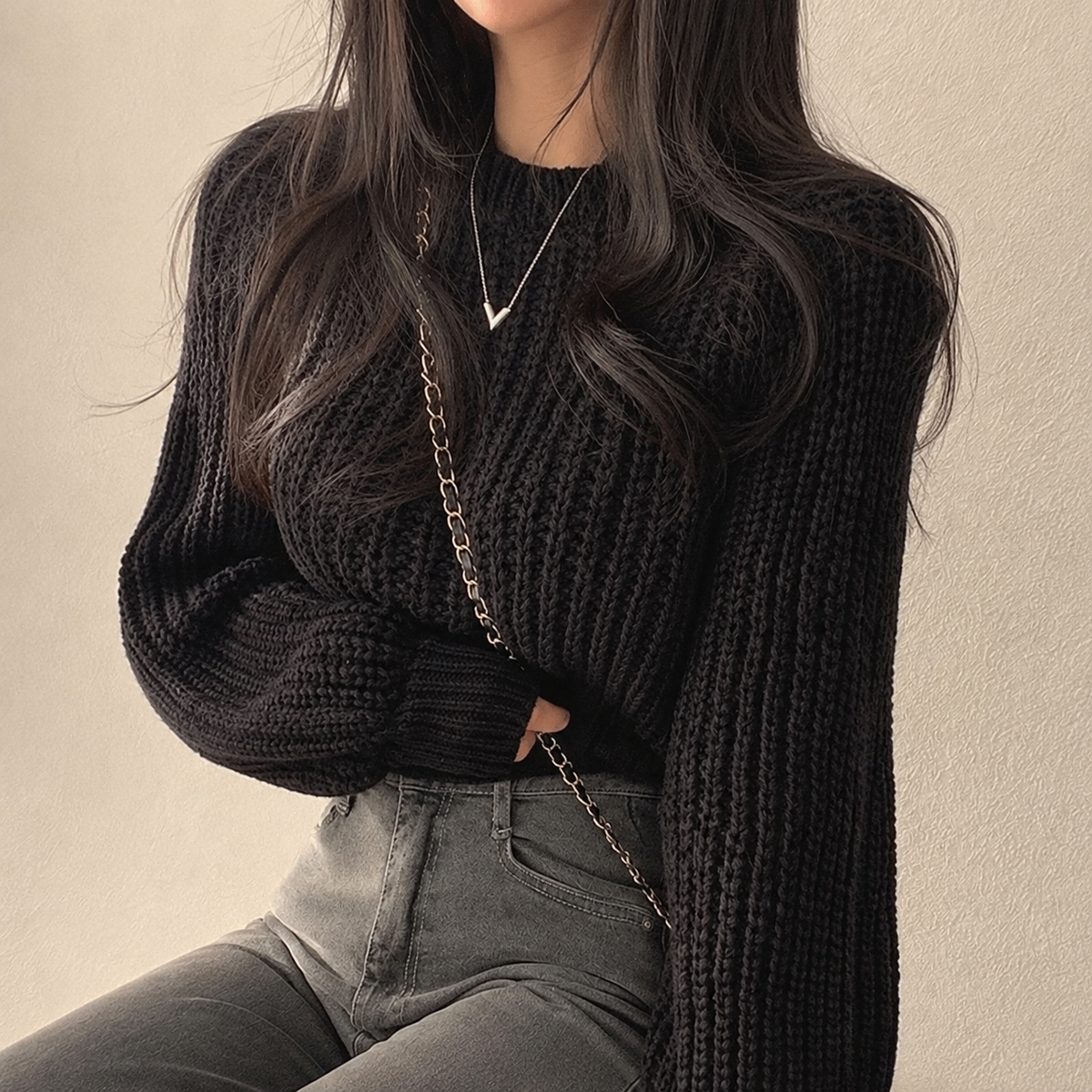 Chunky Knit Cropped Sweater | Womens Lantern Sleeve Pullover Cozy Textured Casual Fall Top