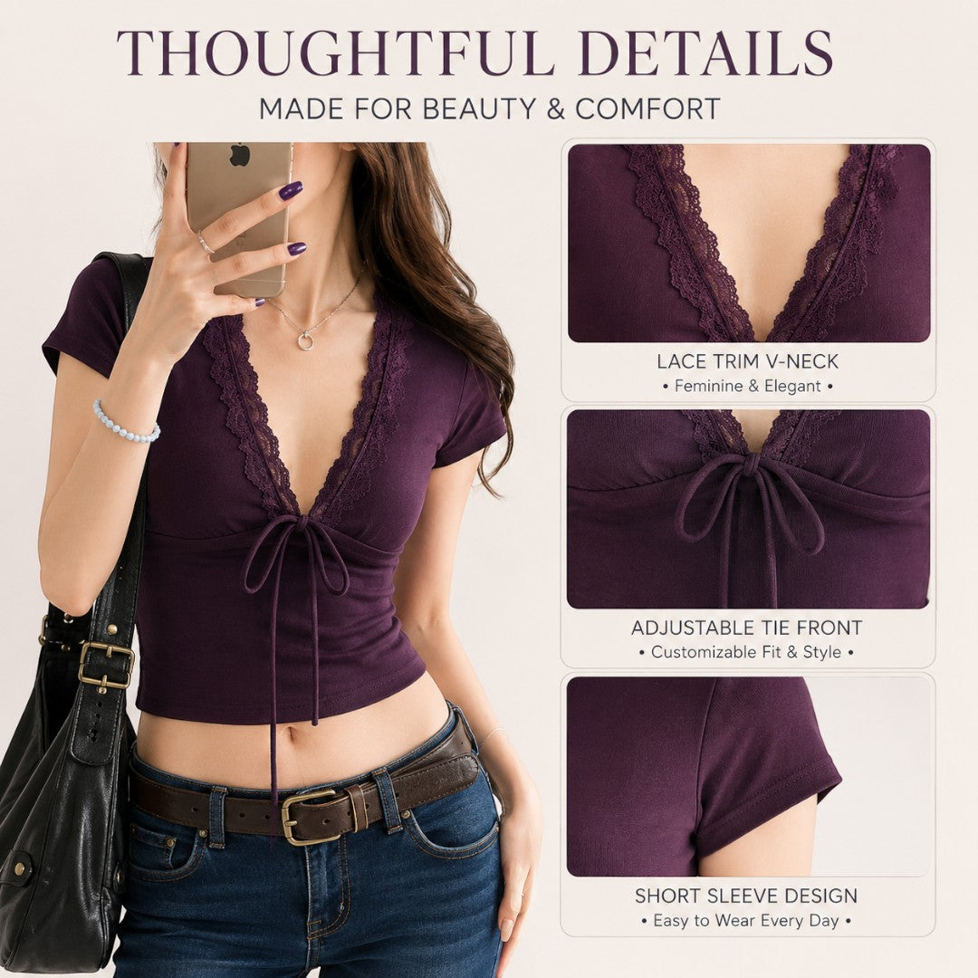 Lace Up Crop Top Women Deep V Neck Lace T Shirt Short Sleeve Fairycore Streetwear Feminine Casual Summer Top