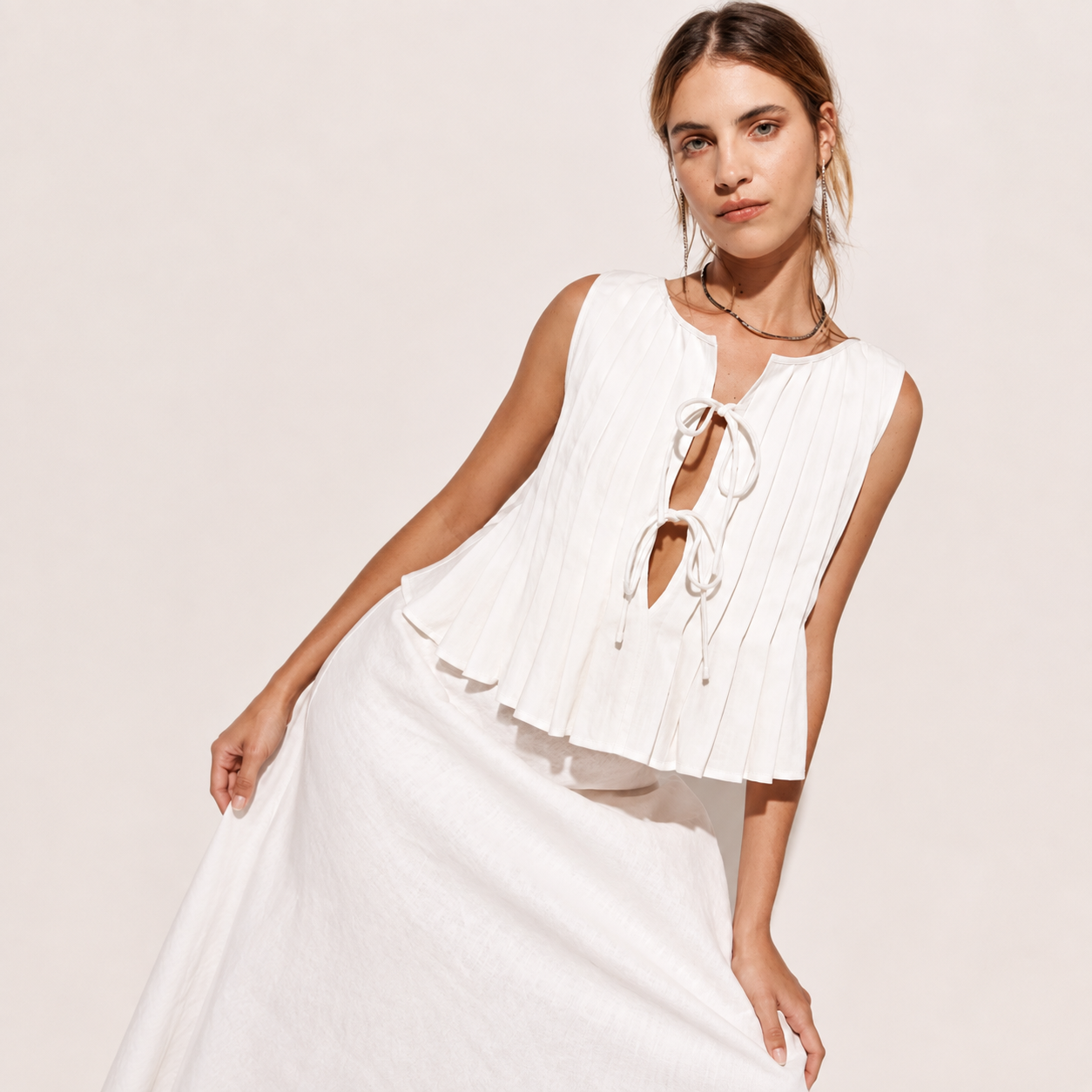 Women's Lace Up Tank Top | Sleeveless Hollow Cut Blouse | Slim Fit Summer Vest | Pleated Casual Going-Out Shirt