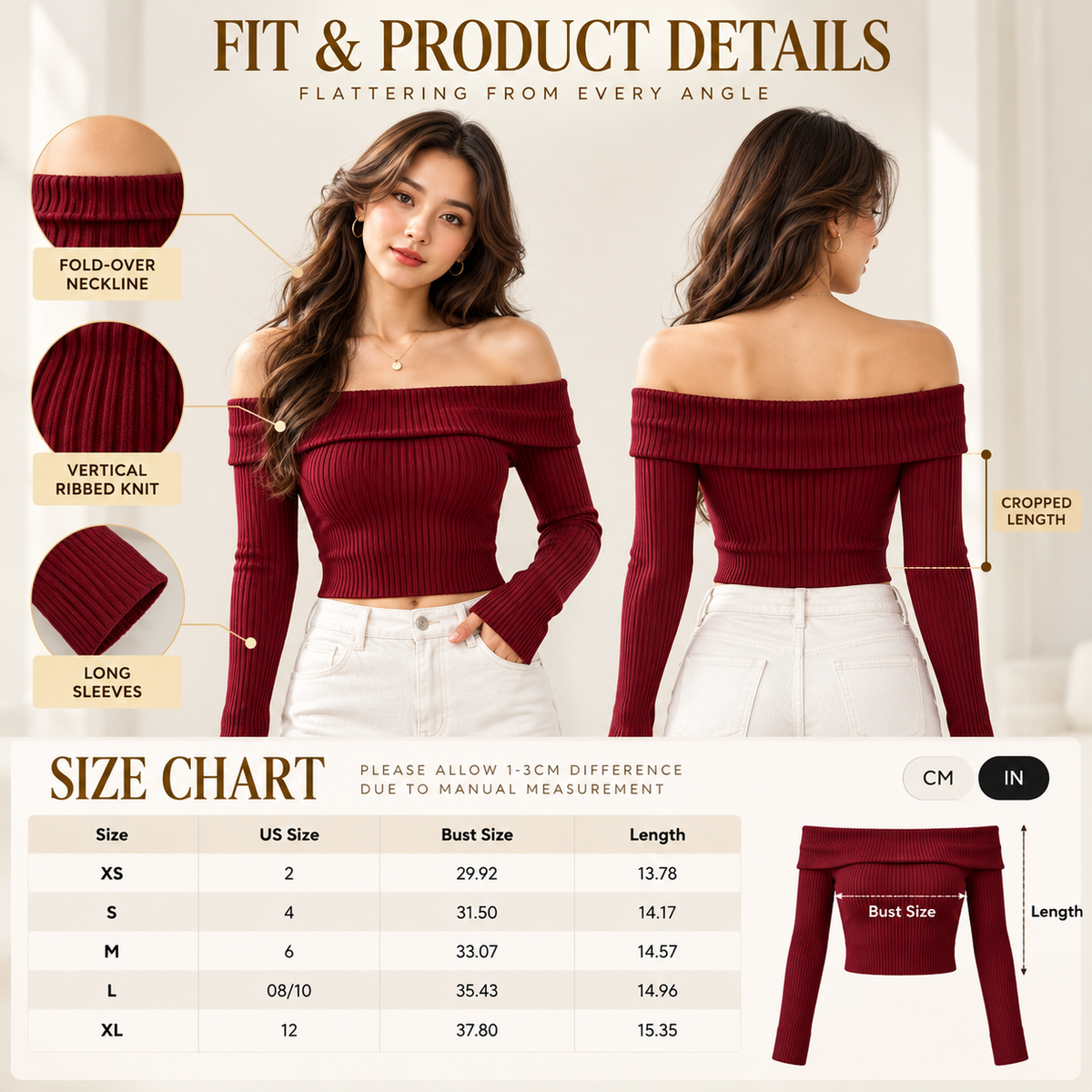Women Off Shoulder Ribbed Knit Crop Top, Foldover Neckline, Long Sleeve Fitted Blouse