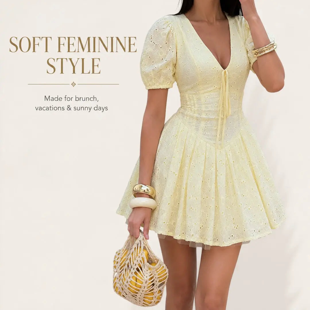 Yellow Eyelet Mini Dress | Puff Sleeve Dress | Tie Front Sundress | Feminine Summer Dress | Vacation Brunch Outfit Jumartins