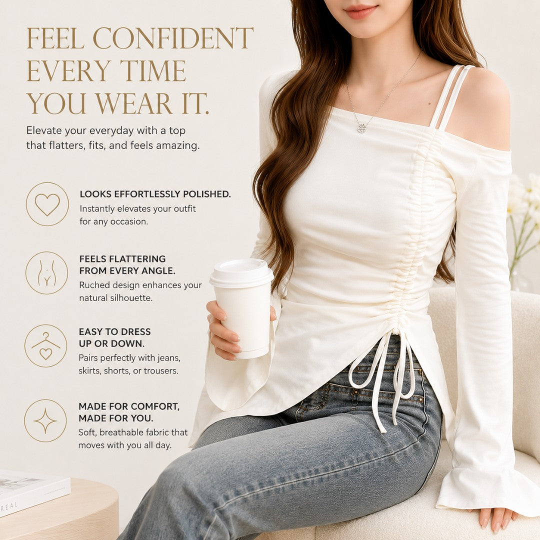 Women's Off Shoulder Drawstring Top Long Sleeve Flare Sleeve Tee | Ruched Waist Slim Fit Blouse | Elegant Date Night Shirt