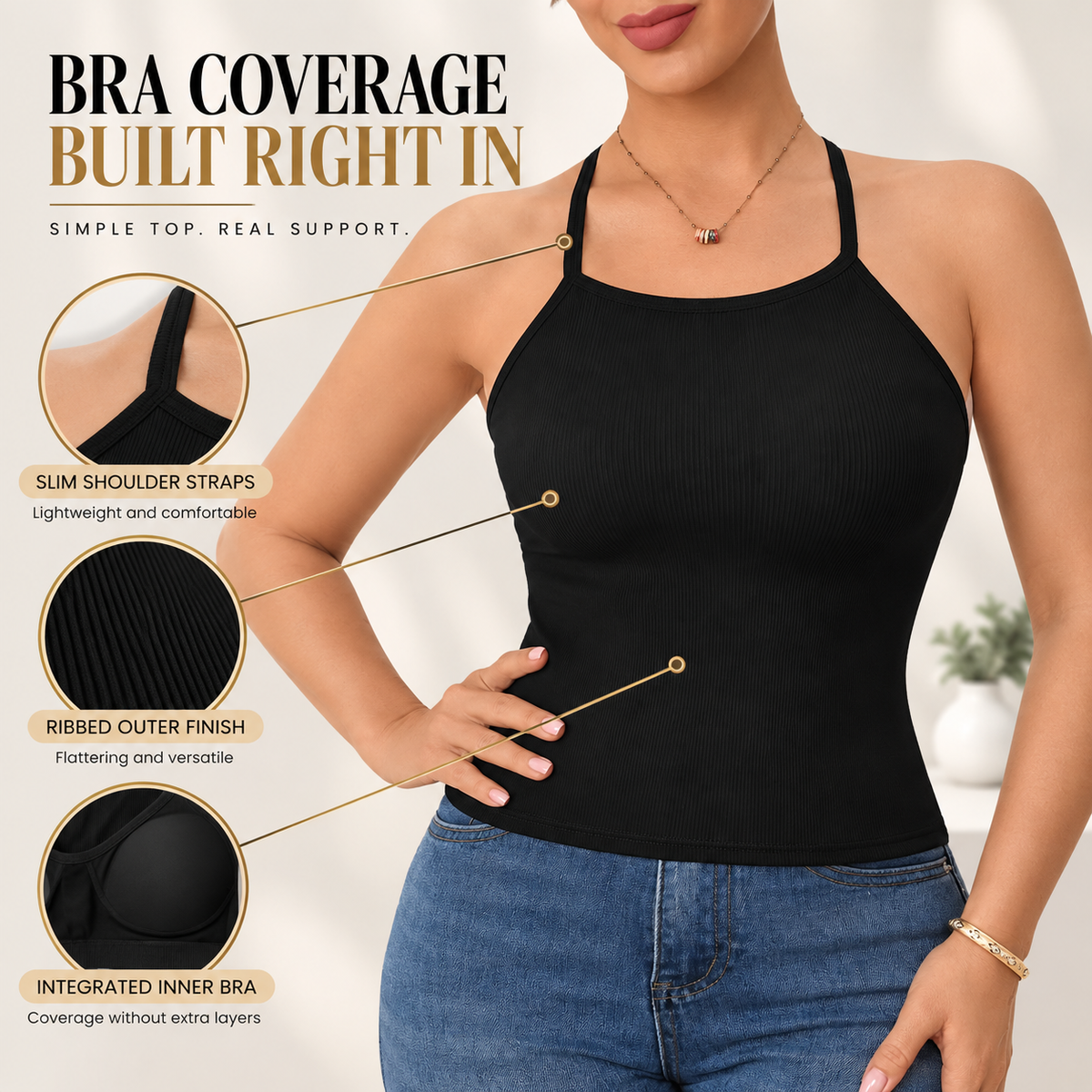 Built In Bra Camisole | Ribbed Tank Top | Wireless Sleeveless Vest | Casual Layering Shirt
