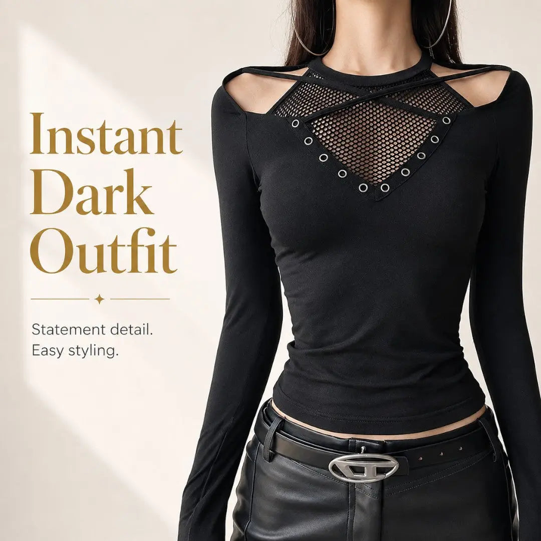 Gothic Mesh Long Sleeve Top | Black Cutout Shirt | Alt Fitted Blouse | Crisscross Strap Top | Going Out Outfit Jumartins