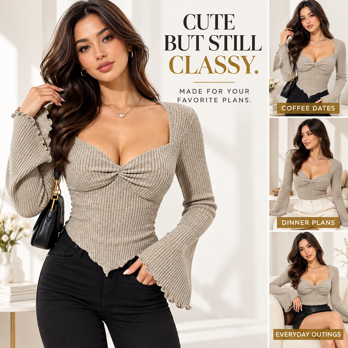 Women's Square Neck Ribbed Knit Top, Bell Sleeve Long Sleeve Shirt, Ruched Bust Fitted Blouse, Romantic Date Night Outfit