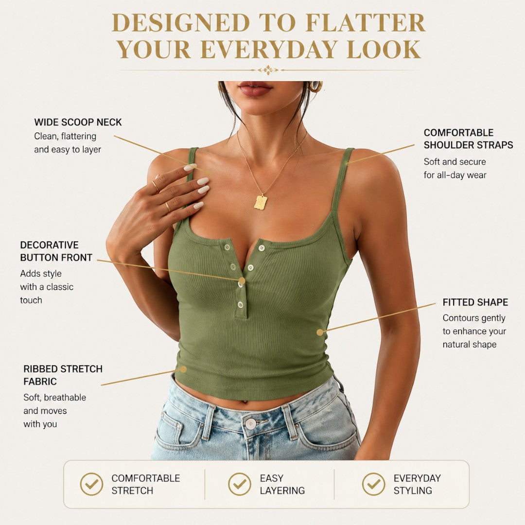 Women's Ribbed Button Front Camisole Crop Top | Fitted Summer Tank Top Sleeveless Everyday Layering Cami Casual Outfit