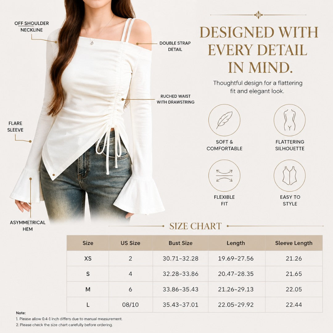 Women's Off Shoulder Drawstring Top Long Sleeve Flare Sleeve Tee | Ruched Waist Slim Fit Blouse | Elegant Date Night Shirt